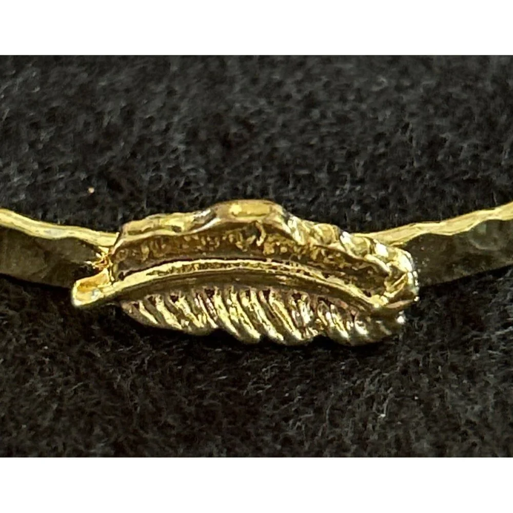 Vintage Gold Tone Bangle Bracelet With Leaf Detailing & Hammered Texture